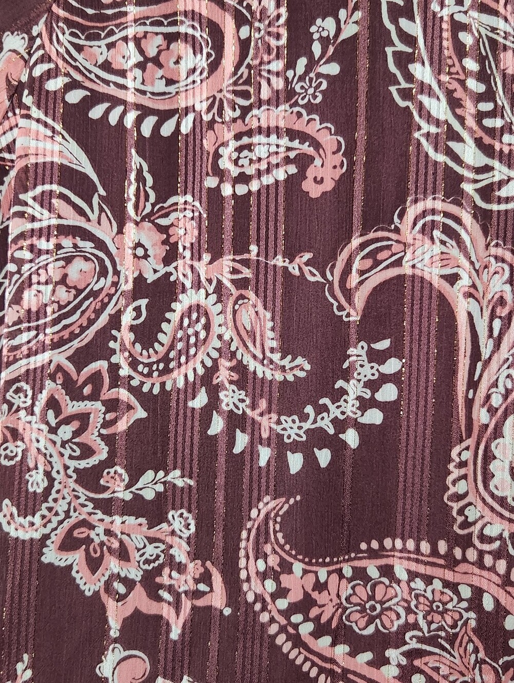 FRYE AND CO. Burgundy and Pink Paisley Ruffle V-Neck Blouse Size Large EUC - Picture 3 of 6
